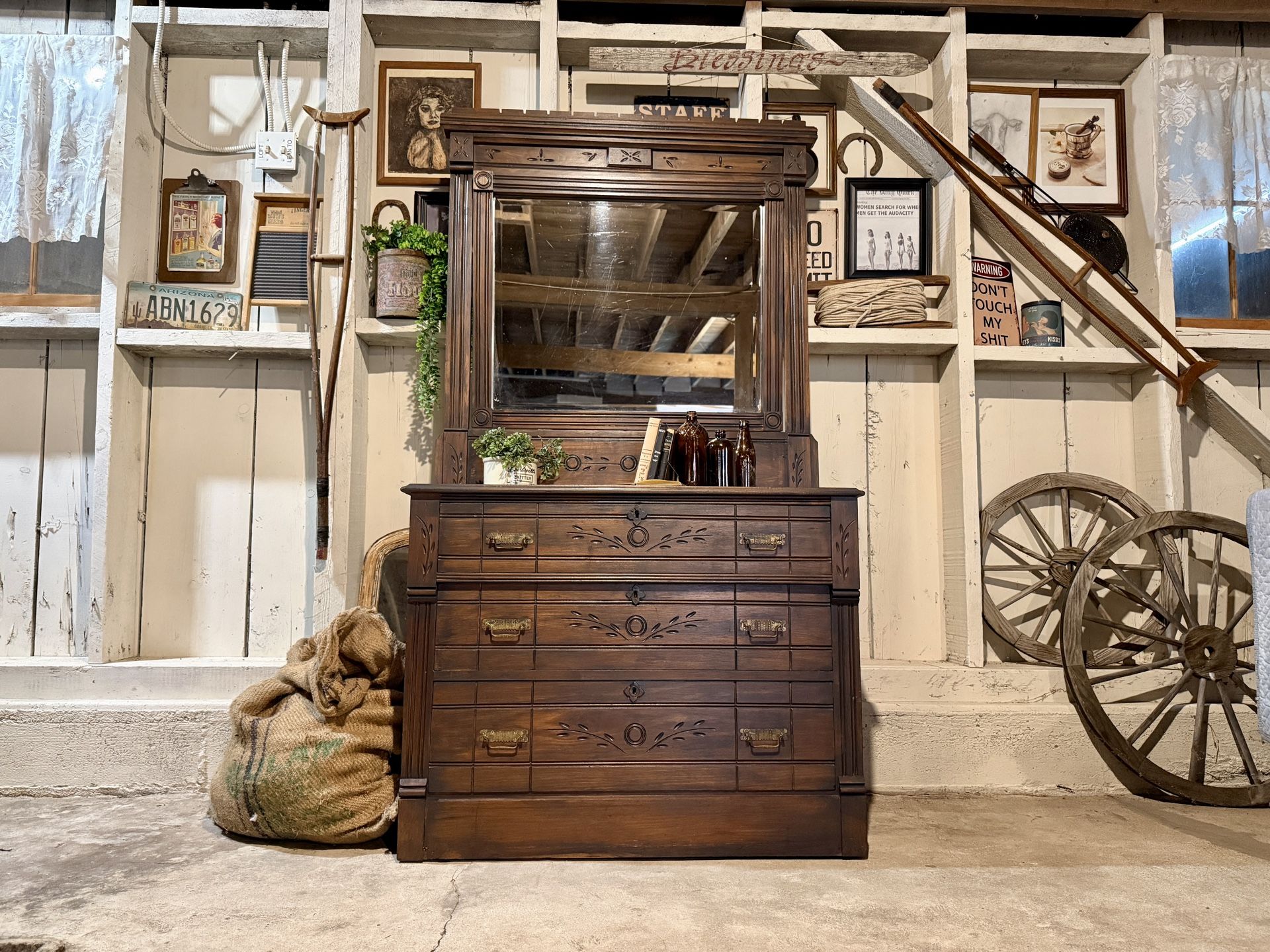 Antique Eastlake Vanity Dresser With Mirror