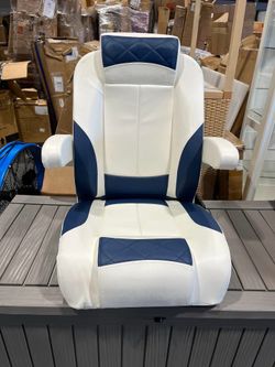 (Small Damage) Premium Reclining Pontoon High Back Captain's Chair Boat Bucket Seat with Armrest,White/Pacific Blue