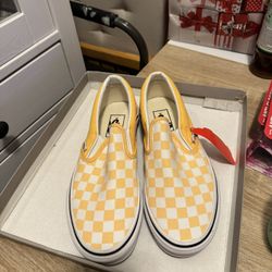 New unisex Vans Classic Slip-On shoe in a yellow and white checkerboard pattern