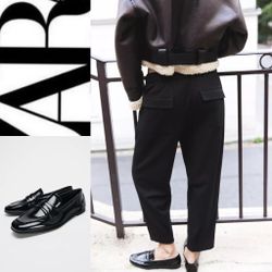 ZARA NWT black Rounded toe. FAUX PATENT LEATHER PENNY LOAFERS size 7.5