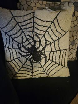 Noir Night Halloween Black Spider Web Beaded Throw Pillow Spiderweb 16" NEW