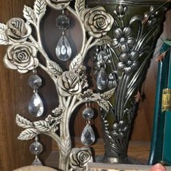 X2 VINTAGE SWAROVSKI CRYSTAL SILVER PLATED GODINGER FLORAL  FLOWER ROSE TREE VASE ACCENT TABLE DECOR DISPLAY COLLECTABLE SET
