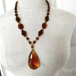 Amber Tone Long Glass Teardrop Pendant Necklace 