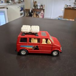 Vintage Late 20th Century Red European Van With Luggage Rack, Pull Back Action Diecast Metal Toy Car