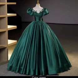 Limited edition custom French green ball gown applique satin prom birthday party dress formal occasion evening dress.
