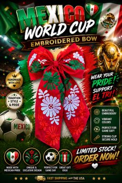 Mexican Embroidered Mexican Independence Day Red Hair Bow / Moño Tricolor Mexicano FIFA Hair Bow