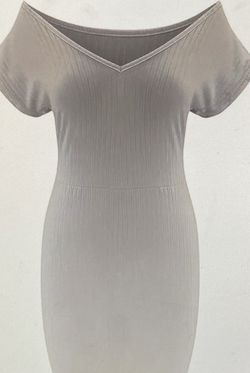 Grey Ribbed Solid V Neck Dress 