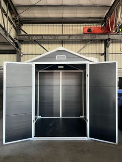 6x6 Ft Plastic Outdoor Storage with Floor and Lockable Door Plastic Garden Shed for Backyard, Lawn, Cold Grey