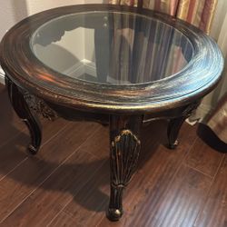 Wooden Carved  Glass Coffee Round Table (side Table)