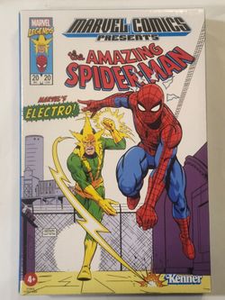 RETRO KENNER CARDS. MARVEL LEGENDS. MARVELS COMICS PRESENTS. THE AMAZING SPIDER-MAN. SPIDER-MAN & ELECTRO. 3.75 " ACTION FIGURES BOX SET.