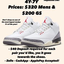 Jordan 3 White Cement Reimagined Sizes: 8-13 & 4-7Y