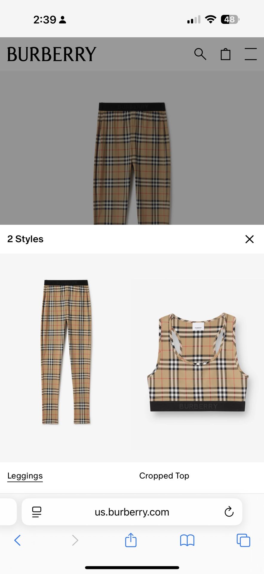 Woman’s Size Small Burberry Crop Top And Leggings And Slide Size 8