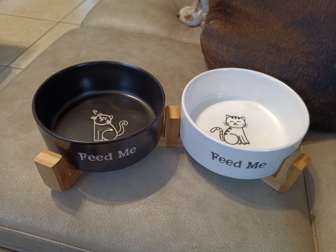 Cat Bowls Stoneware With Holder New Stand Wood