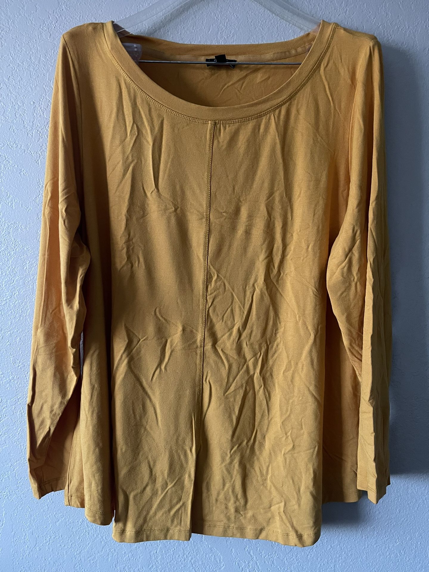 Jones New York, Women’s Mustard 3/4 Sleeve Boat Neck Stretchy Blouse Size 2XL