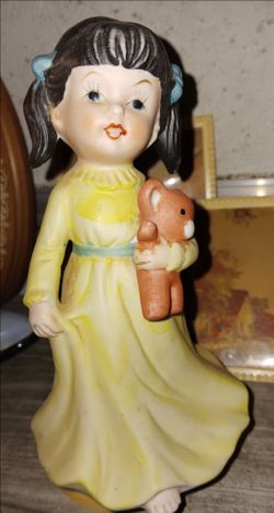 Vintage Ceramic Girl Figurine with Teddy Bear