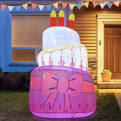 Birthday Inflatables Outdoor Decorations Cake with Candle, Happy Birthday Blow Up Yard Decorations 6.4FT with Colorful Rotating LED Lights for Party Y