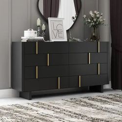 70.9" 9-Drawer Dresser with Gold Handles Black Wooden Storage Cabinet for Bedroom & Living Room