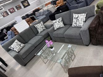 Gray Fabric Sofa Set with Nailhead Trim