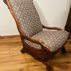 Antique  Victorian Rocking Chair 19 Th Century  Solid Wood  Upholstered 