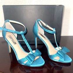 Turquoise Rhinestone Bow Heels