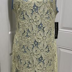 NWT MadisonLeigh Women’s Lace Lemon/Blue Lined Fitting Dress, Size 14