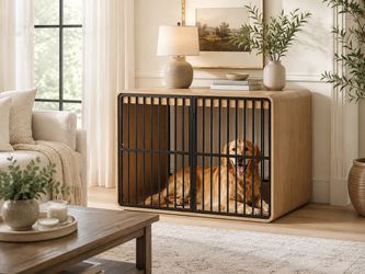 Dog Crate Furniture TV Stand for Large Dogs, Natural Oak Rounded corners and metal bars create a cozy space for Labradors and Golden Retrievers while 