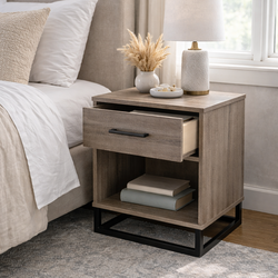 Modern Rustic Nightstand w/ Drawer & Shelf – Wood Finish + Metal Base