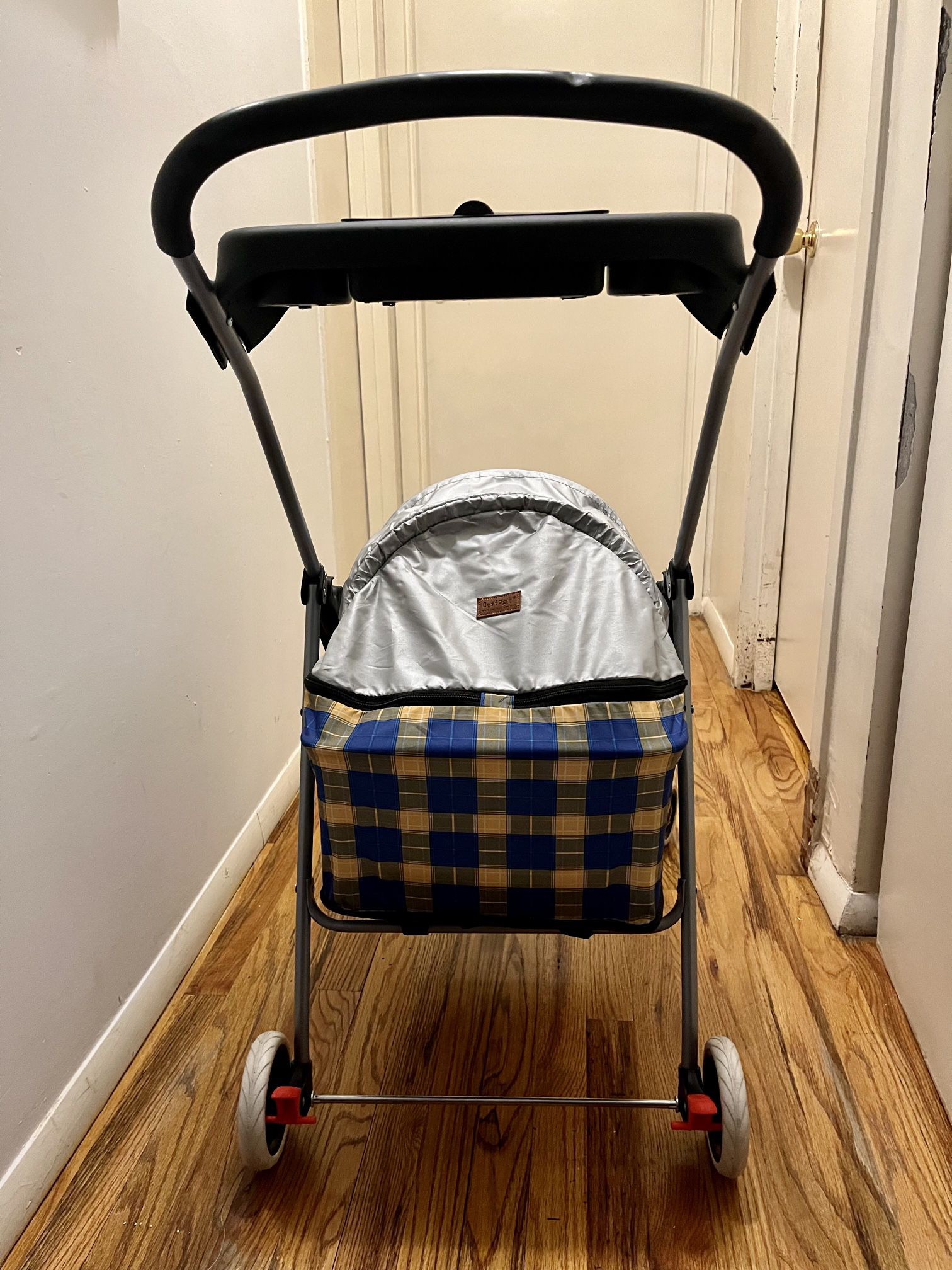 Indoors & Outdoors Pet Folding Stroller With 4 Rolling Wheels Posh / Yellow Plaid