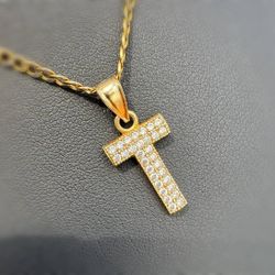Jewelry 14k yellow two tone gold curb chain necklace 20.50” 2.50 mm width CZ 0.30CTW  Letter "T" pendant charm