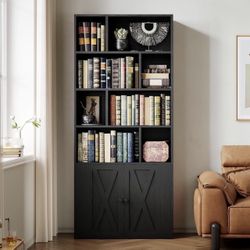 Bookcase with Doors, Tall Bookshelf with Storage, Bookshelves and Bookcases with 8 Open Cubes for Living Room, Bedroom, Office