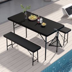 VECELO 3 Piece Folding Picnic Table with 2 Benches, 47.2" Faux Rattan Patio Set with Mesh Bag, Heat-Resistant & Waterproof, for Indoor Outdoor Use, Bl