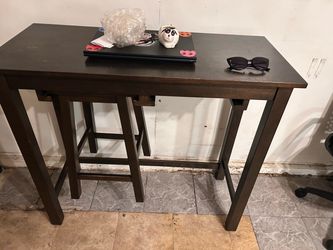 Dark Wood Bar Table with Two Stools
