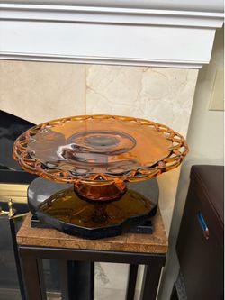 Vintage Amber Glass Pedestal Cake Plate With Lace Edge 14”D