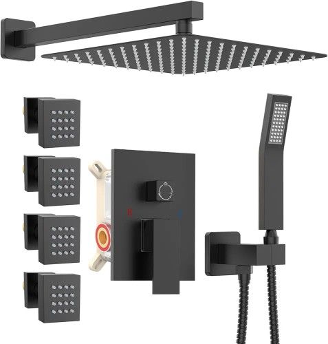 Rain Shower System with Body Jets 12 Inch Powerful Full Body Shower System with Rainfall Shower and Handheld Spray Rough in Mixer Valve Concealed Sh