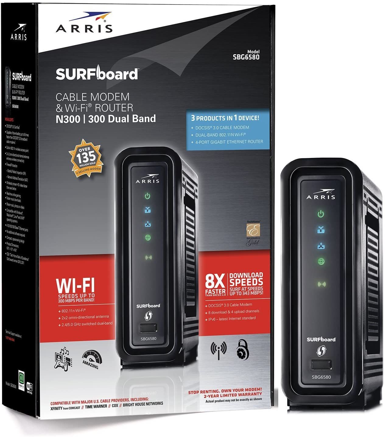 ARRIS SURFboard SBG6580 DOCSIS 3.0 Cable Modem/ Wi-Fi N300 2.4Ghz + N300 5GHz Dual Band Router - Black 