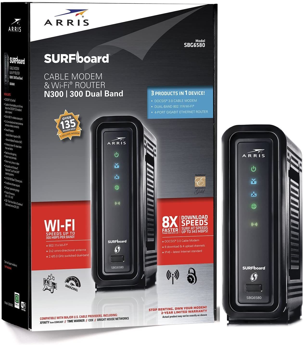 ARRIS SURFboard SBG6580 DOCSIS 3.0 Cable Modem/ Wi-Fi N300 2.4Ghz + N300 5GHz Dual Band Router - Black