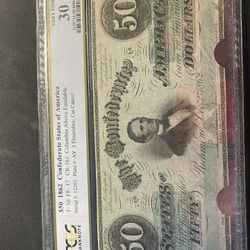 1862 $50 Fifty Dollar Bill Confederate Note T-50 PCGS Very Fine 30 Cut Cancel