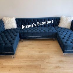 Black Friday Sale Blue Velvet Sectional U-Shaped