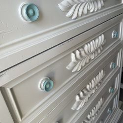 White Wood Dresser 5 Drawer Chest With Seafoam Green Knobs