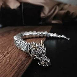 Retro Style Stainless Steel And Sterling Silver Dragon Bracelet