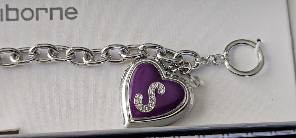 NEW Liz Claiborne Silver Bracelet Heart Locket S Mongram Crystals