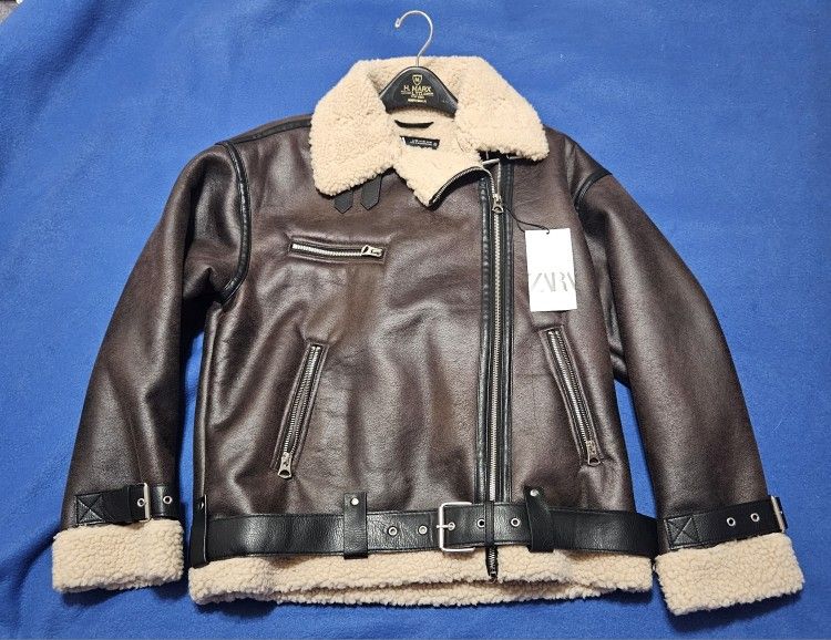 NWT Women's ZARA Faux Leather Aviator Jacket, Women's XS