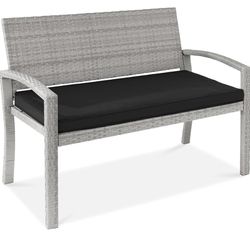 Best Choice Products Outdoor Bench 2-Person Wicker Garden Patio Benches Seating Furniture for Backyard, Porch w/Seat Cushion, 700lb Capacity - Gray/Bl