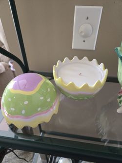Ceramic bunnies, candle, bowl
