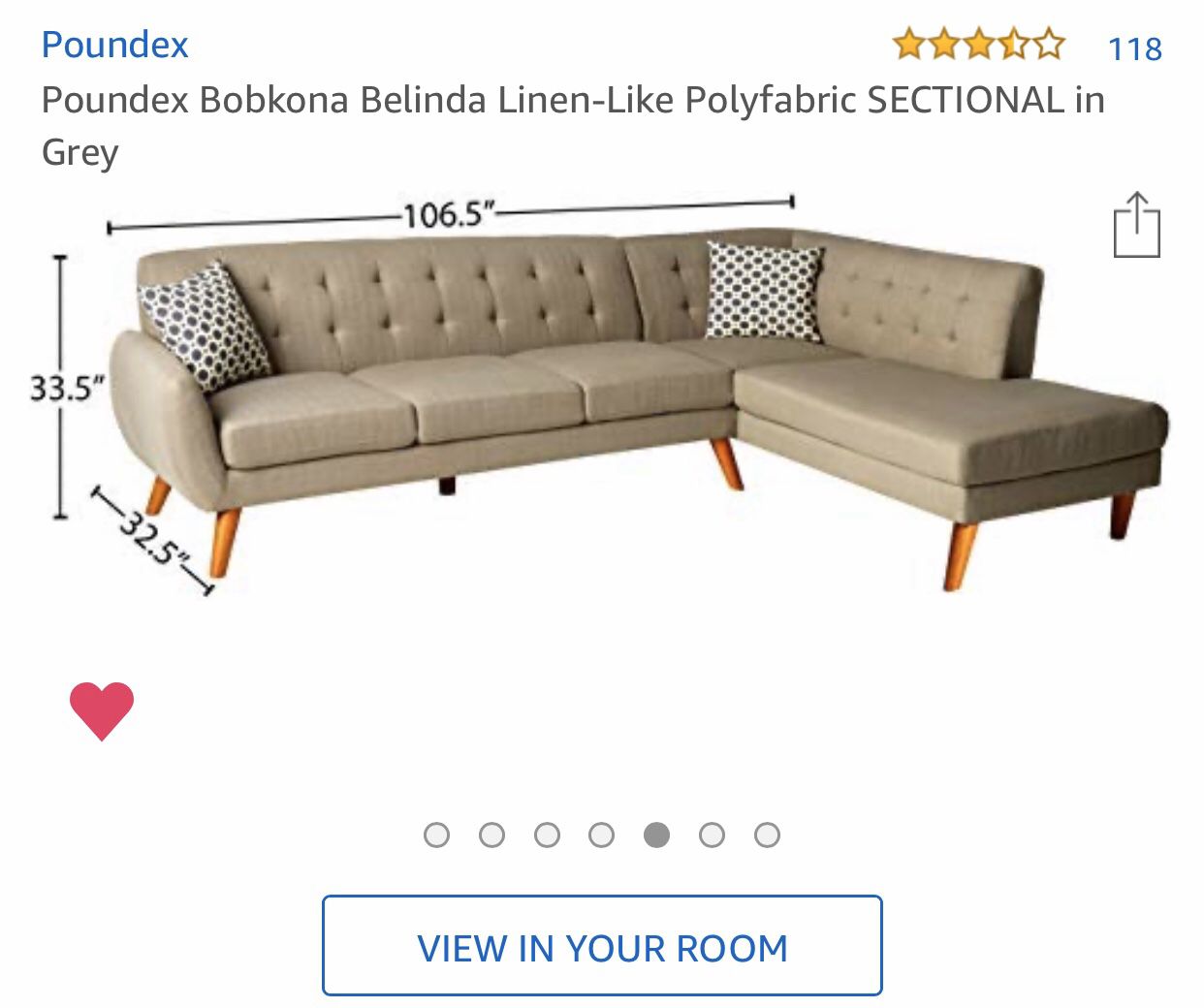 Poundex Bobkana Belinda Linen-Like Sectional Couch Sofa