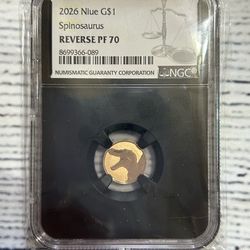 **NEWEST RELEASE** 2026 Niue SPINOSAURUS Reverse Proof PF70 1g Gold Coin & Label