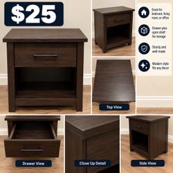 Dark Brown Nightstand with Drawer and Shelf