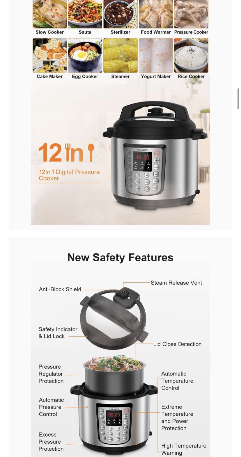 12-in-1 Electric Pressure Cooker Instant Stainless Steel Pot, Slow Cooker, Steamer, Saute, Yogurt Maker, Egg Cook, Sterilizer, Warmer, Rice Cooker wi