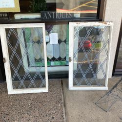 Pair Antique Leaded Glass Design Heavy  Wood Trim Windows