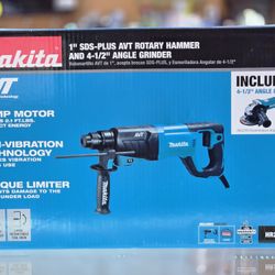 New Makita HR2641X1 SDS-PLUS 3-Mode Variable Speed AVT Rotary Hammer With Case And 4-1/2” Angle Grinder, 1”